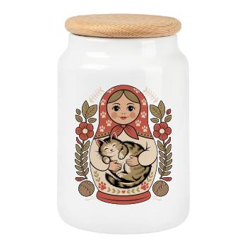 Matryoshka Cat Cuddly Heart - Cookie Jar with Wooden Lid - white - Front