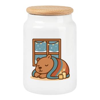 Capybara snuggles up in winter - Cookie Jar with Wooden Lid - white - Front