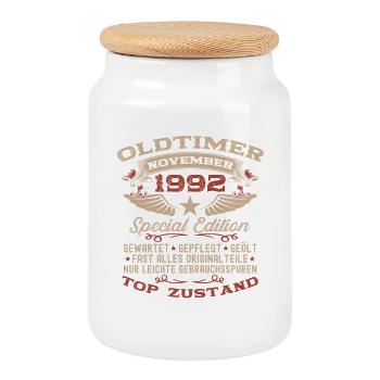 33. Geburtstag Geschenk Oldtimer November 1992 - Keksdose mit Holzdeckel - Weiß - Vorne