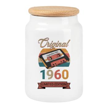 Original 1960's Limited Edition Birthday Gift - Cookie Jar with Wooden Lid - white - Front