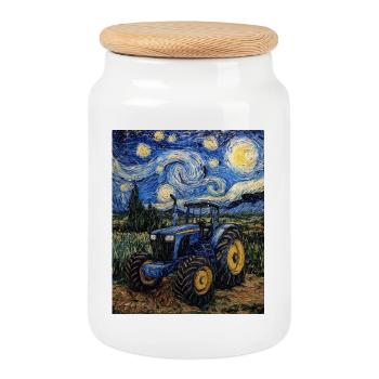 Tractor Farmer Farmer Van Gogh Style - Cookie Jar with Wooden Lid - white - Front