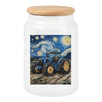 Tractor Farmer Farmer Van Gogh Style - Cookie Jar with Wooden Lid - white - Front
