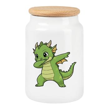 Funny Dragon Dab Cartoon Design - Cookie Jar with Wooden Lid - white - Front