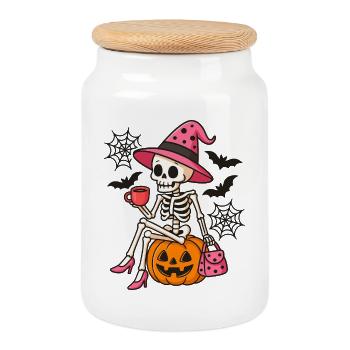 Squelette sorcière Halloween mignon rose - Boîte à biscuits avec couvercle en bois - blanc - Devant