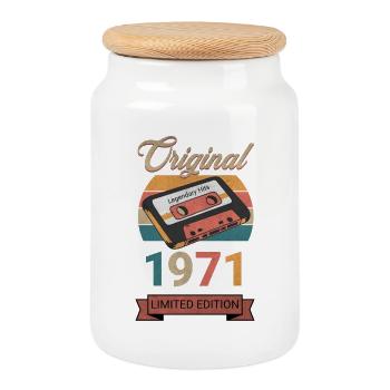 Original 1971 Limited Edition Birthday Gift - Cookie Jar with Wooden Lid - white - Front