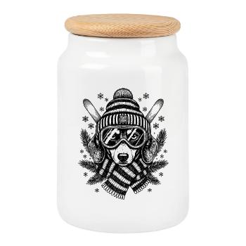 Ski teckel chien ski - Boîte à biscuits avec couvercle en bois - blanc - Devant