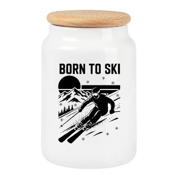 Ski-Zitat Born to Ski - Keksdose mit Holzdeckel - Weiß - Vorne