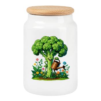 Cheerful Broccoli Gardener - Cookie Jar with Wooden Lid - white - Front