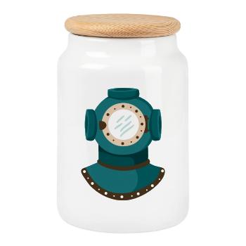 Nautic Design Antique Diving Helmet Illustration - Cookie Jar with Wooden Lid - white - Front