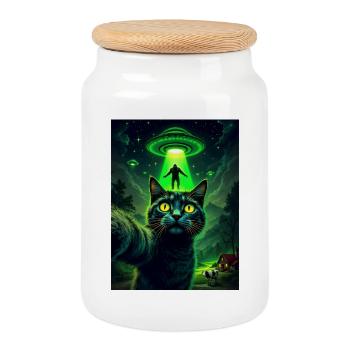 Neon UFO Cat in Moonlight - Cookie Jar with Wooden Lid - white - Front