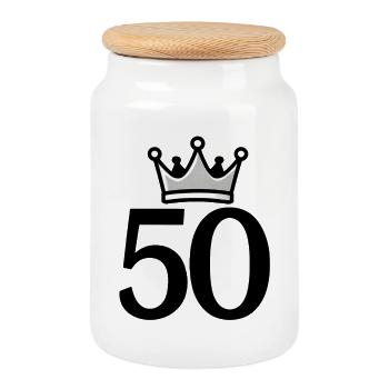 50 with Crown – Stylish Anniversary Design - Cookie Jar with Wooden Lid - white - Front