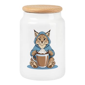 Lynx with Hot Drink - Cookie Jar with Wooden Lid - white - Front