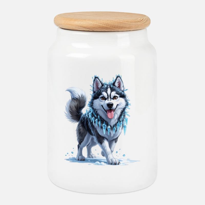 Eis Husky mit Eiskristallkette - Keksdose mit Holzdeckel - Weiß