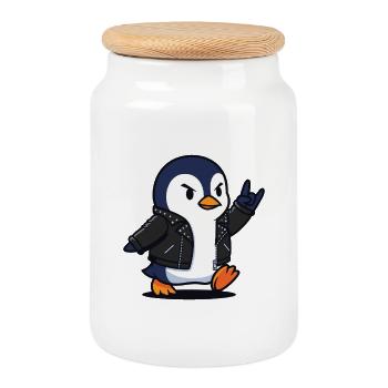 Rocker-Pinguin in Lederjacke mit Teufelshorn - Keksdose mit Holzdeckel - Weiß - Vorne