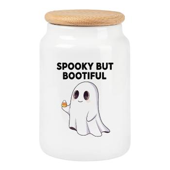 Spooky But Bootiful Cute Ghost Holding Candy Corn  - Cookie Jar with Wooden Lid - white - Front