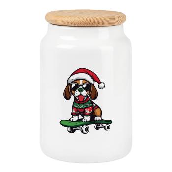 Beagle chien Noël drôle - Boîte à biscuits avec couvercle en bois - blanc - Devant