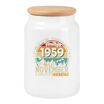 66th Birthday Vintage November Vintage 1959 - Cookie Jar with Wooden Lid - white - Front