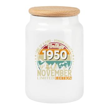 75. Geburtstag Vintage November Jahrgang 1950  - Keksdose mit Holzdeckel - Weiß - Vorne