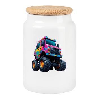 Bunter Monstertruck Kraftmonster - Keksdose mit Holzdeckel - Weiß - Vorne