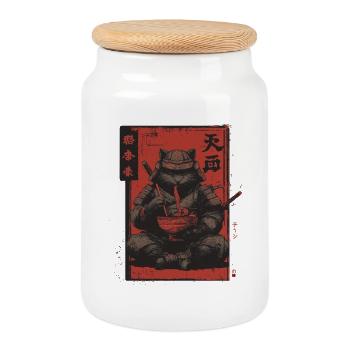 Samurai Cat Ramen Japan Streetwear Design - Cookie Jar with Wooden Lid - white - Front