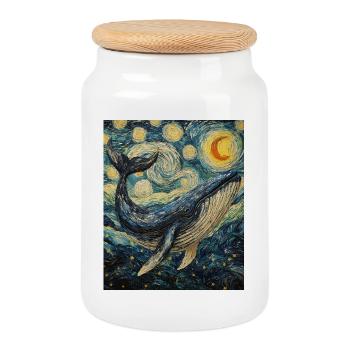 Baleine Poisson Baleine Bleue Style Van Gogh Nuit étoilée - Boîte à biscuits avec couvercle en bois - blanc - Devant