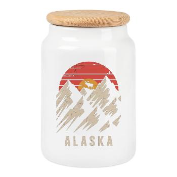 Alaska Retro T-Shirt – Berge und Elch - Keksdose mit Holzdeckel - Weiß - Vorne