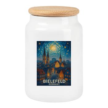 Bielefeld Night Panorama Skyline - Cookie Jar with Wooden Lid - white - Front