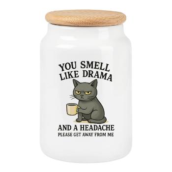 Grim Cat with Coffee Saying - Cookie Jar with Wooden Lid - white - Front
