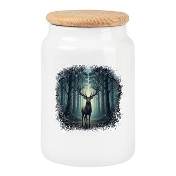 Forest Deer Scene Hunting Nature Lover - Cookie Jar with Wooden Lid - white - Front