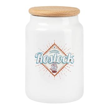 Rostock Vintage Sailing Ship Germany Souvenir - Cookie Jar with Wooden Lid - white - Front