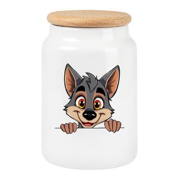 Loup câlin regardant par-dessus bord - Boîte à biscuits avec couvercle en bois - blanc - Devant