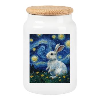 Lapin style Van Gogh Nuit étoilée - Boîte à biscuits avec couvercle en bois - blanc - Devant