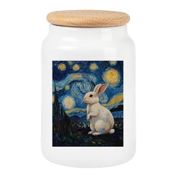 Lapin style Van Gogh Nuit étoilée - Boîte à biscuits avec couvercle en bois - blanc - Devant