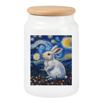 Lapin style Van Gogh Nuit étoilée - Boîte à biscuits avec couvercle en bois - blanc - Devant
