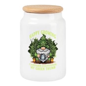 Happy Growing Cannabis Dwarf Christmas Gnome - Cookie Jar with Wooden Lid - white - Front