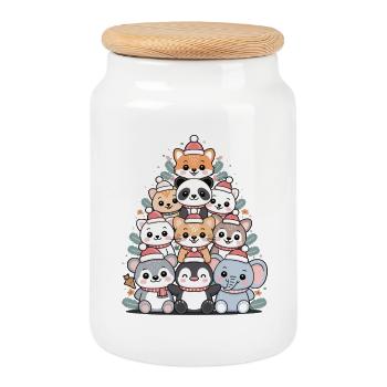 Animal Christmas Tree – Cute Xmas Animals - Cookie Jar with Wooden Lid - white - Front