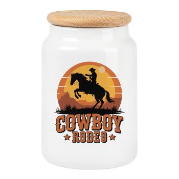 Cowboy Rodeo - Wild West Sunset Design - Keksdose mit Holzdeckel - Weiß - Vorne