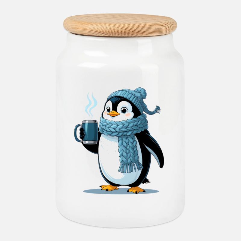 Kuschelpinguin mit blauer Mütze - Keksdose mit Holzdeckel - Weiß