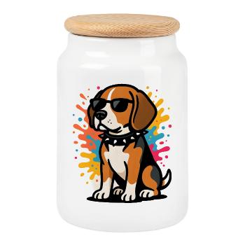 Sungled Beagle Hund in Farbe - Keksdose mit Holzdeckel - Weiß - Vorne