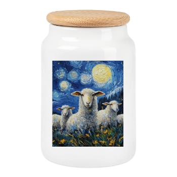 Mouton style Van Gogh Nuit étoilée - Boîte à biscuits avec couvercle en bois - blanc - Devant