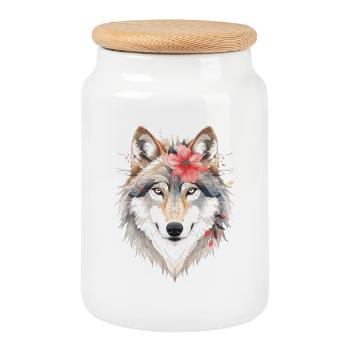 Wolfskopf mit Blumenkranz - Keksdose mit Holzdeckel - Weiß - Vorne