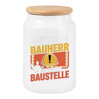 Attention : Le constructeur entre sur le chantier - Boîte à biscuits avec couvercle en bois - blanc - Devant