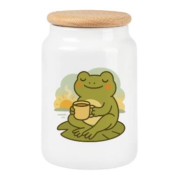 Frog with Coffee – Morning Rest Design - Cookie Jar with Wooden Lid - white - Front
