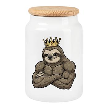 Starker Faultier König Cartoon Fitness Porträt - Keksdose mit Holzdeckel - Weiß - Vorne