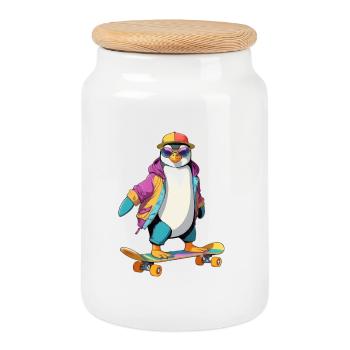 Penguin Skateboard Neon Look - Cookie Jar with Wooden Lid - white - Front