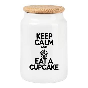 Restez calme et mangez un cupcake - Boîte à biscuits avec couvercle en bois - blanc - Devant