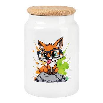 Brillenfuchs auf Stein - Keksdose mit Holzdeckel - Weiß - Vorne
