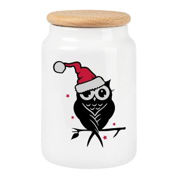 Winterliche Eule mit Santa Mütze im Schnee - Keksdose mit Holzdeckel - Weiß - Vorne