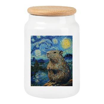 Capybara Van Gogh Style Nuit étoilée - Boîte à biscuits avec couvercle en bois - blanc - Devant