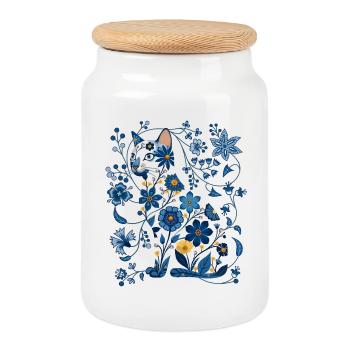 Silhouette de chat floral azur - Boîte à biscuits avec couvercle en bois - blanc - Devant